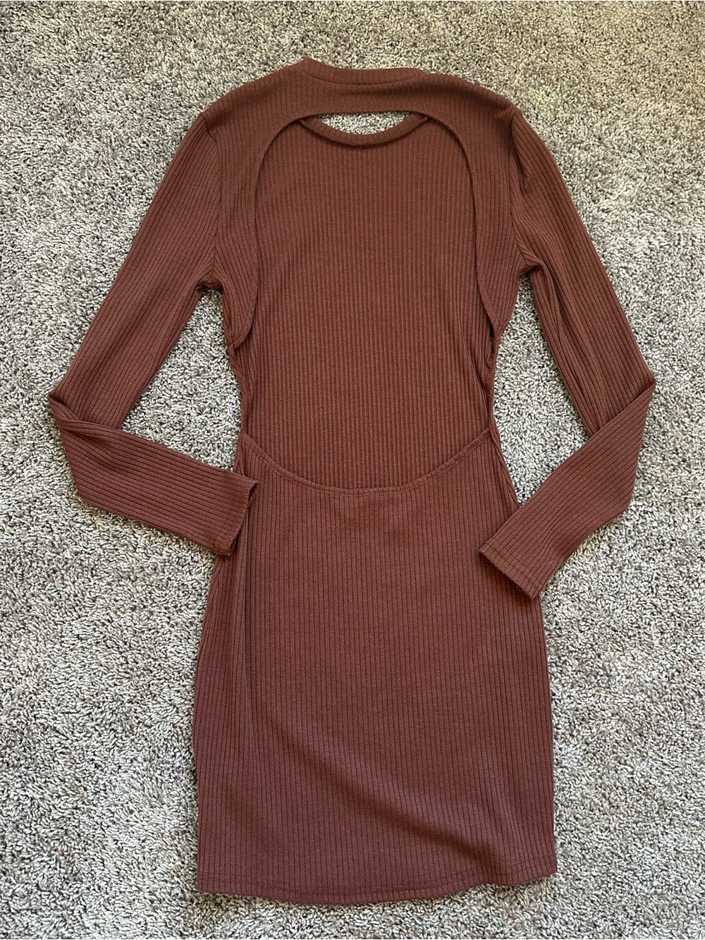 Ribbed Long-Sleeve Cutout Dress in Brown
